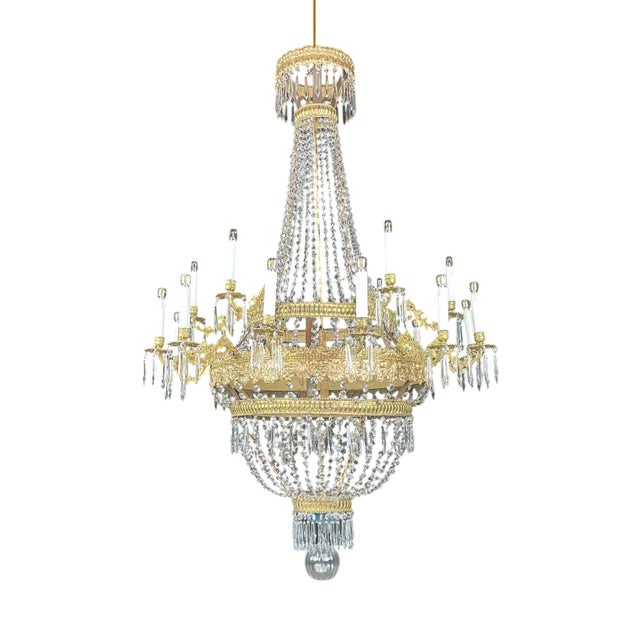 Large Late 18th Century Empire 18-Light Chandelier in Crystal and Gilded Brass For Sale