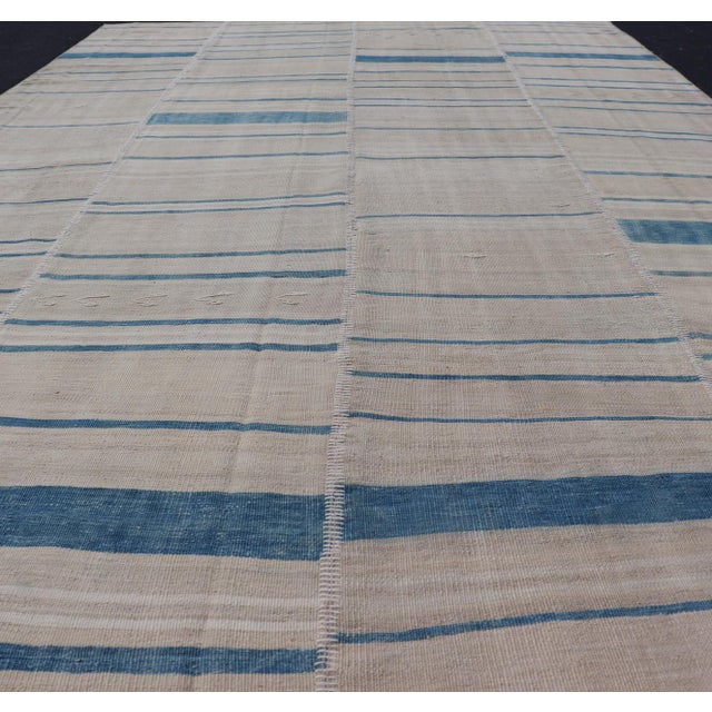 Tribal Vintage Turkish Kilim Rug With Blue and Cream Stripes 8'0"x14'2" For Sale - Image 3 of 10