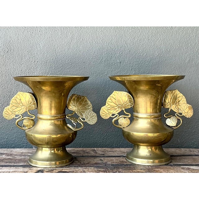 Vintage Brass Ginko Motif Vases - A Pair For Sale - Image 11 of 16