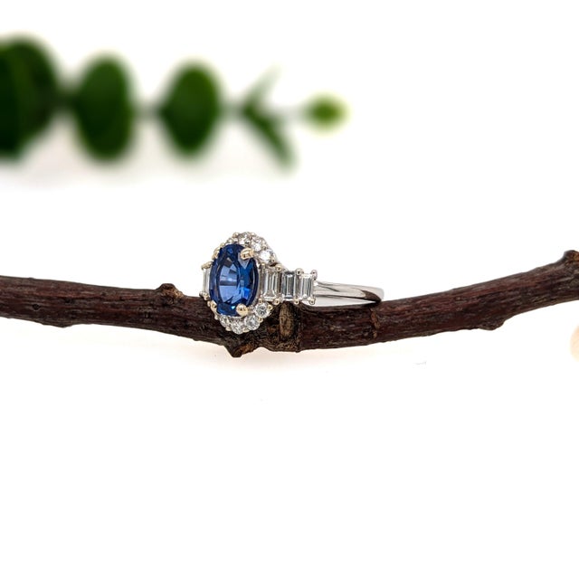 Royal Blue Sapphire Ring With Natural Diamond Halo: Solid 14k Gold, Oval 7x5mm, Size 6.75 For Sale In Columbus - Image 6 of 8