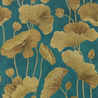 Sanderson Lotus Leaf Wallpaper in Midnight/Copper - a Sample For Sale