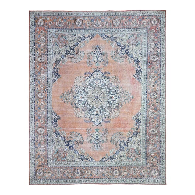 1960 12'2"x15'2" Orange Pure Wool Hand Knotted Vintage Tabriz Oversized Oriental Rug For Sale
