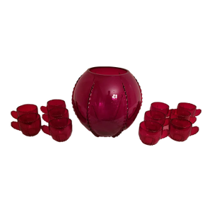 1930s Martinsville Art Deco Ruby Glass Punch Bowl Set- 12 Pieces