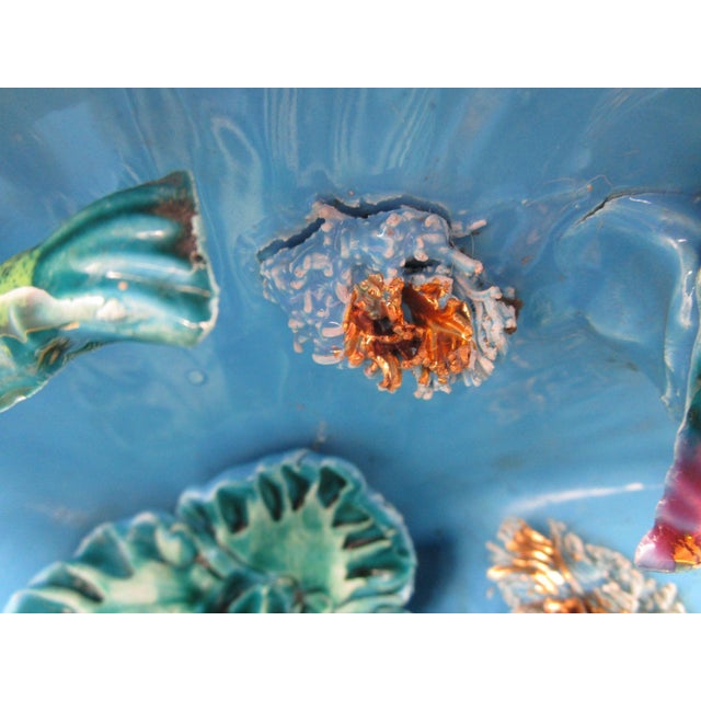 Vintage Vallauris Lion S/Mer Blue Ceramic Clam Shell Lamp Mid Century Tikki Kitch Cord Cut Signed For Sale - Image 11 of 18