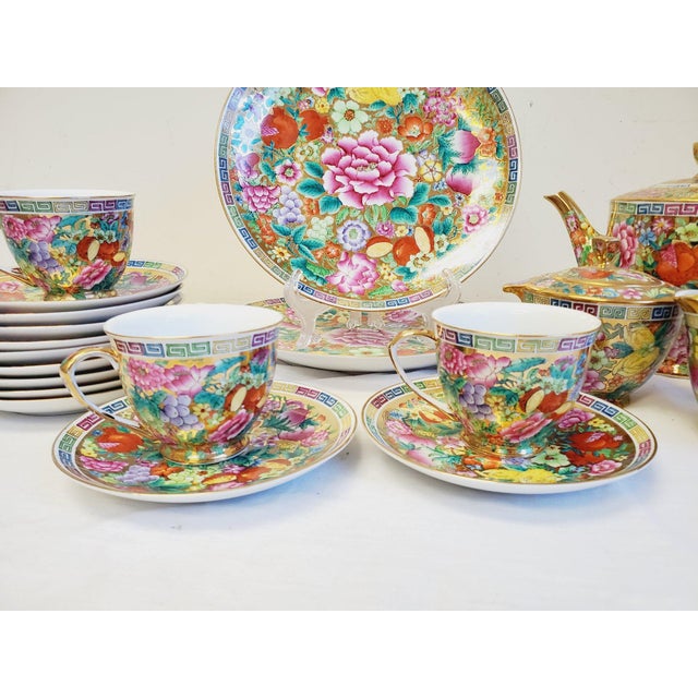Vintage Mid Century Chinese Millefleur Thousand Flowers Famille Rose Porcelain Tea Service 28 Pieces This stunning tea and...