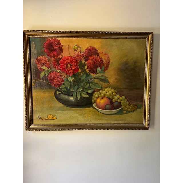 Bright Cheerful Vintage Oil Painting Floral Zinnia's and Fruit With Snail Signed For Sale In Los Angeles - Image 6 of 7