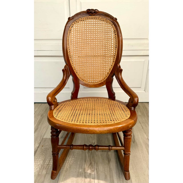 Antique Victorian Carved Wood Hand-Caned Rocking Chair For Sale In Los Angeles - Image 6 of 17