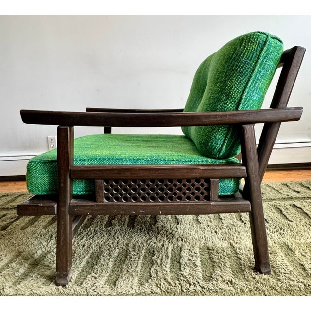 Ficks Reed Lounge Chair With Ottoman C. 1960’s Very Good Condition Dark Wood Green Cushions For Sale In New York - Image 6 of 12