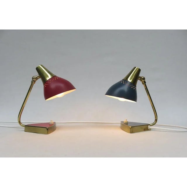 Blue Small Red and Blue Brass Bedside Table Lights, 1950s, Set of 2 For Sale - Image 8 of 18