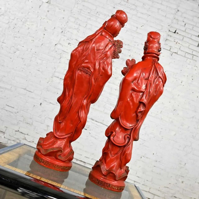 Vintage Asian Style Chinoiserie Faux Cinnabar Large Red Decorative Statues Male & Female For Sale - Image 4 of 13