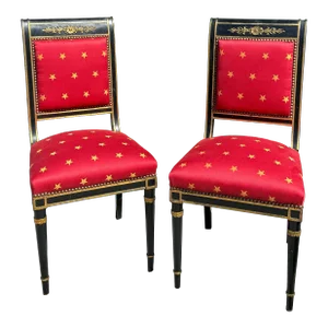 Pair of Antique Empire Black & Gold Chairs W Red Clarence House Seats