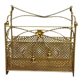 Hollywood Regency Gilt Bronze Magazine Rack, Rope an Tassel Form For Sale