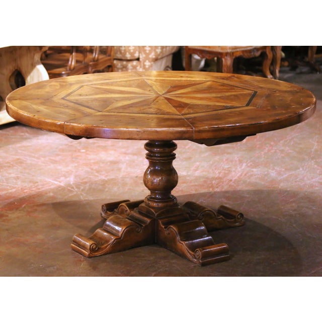 French Louis XIII Inlaid Walnut, Chestnut, Burl, Elm and Oak Round Dining Table For Sale In Dallas - Image 6 of 9