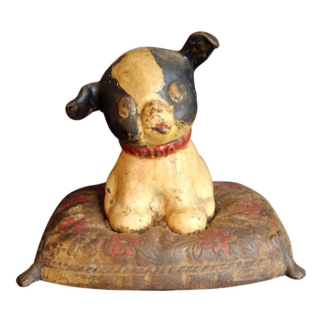 Antique Hubley Cast Iron Fido on Pillow Still Penny Bank, Original Paint C. 1920s For Sale
