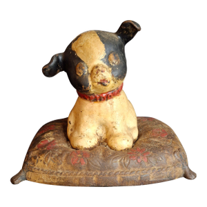 Antique Hubley Cast Iron Fido on Pillow Still Penny Bank, Original Paint C. 1920s