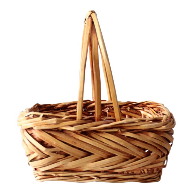 Vintage Wooden Handle Basket For Sale