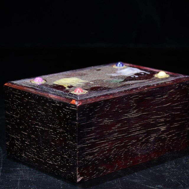 Vintage Chinese Zitan Wood Box With Mother of Pearl & Gemstone Inlay - Twin Oxen Motif For Sale In Los Angeles - Image 6 of 9