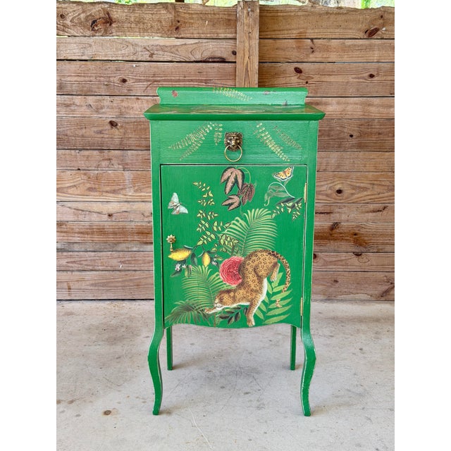 Vintage Custom Painted Tropical Leopard Cabinet With Lion Pull For Sale - Image 11 of 12