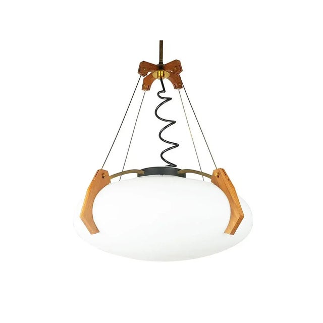 Italian Opaline Glass, Brass & Teak Pendant Lamp, 1950s For Sale - Image 4 of 13