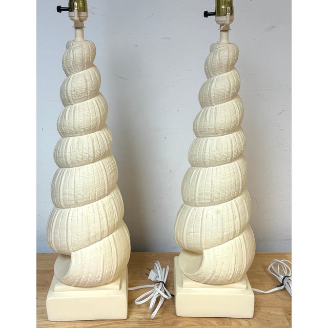 1980s Hollywood Regency Spiral Seashell Form Plaster Table Lamps - a Pair For Sale - Image 11 of 15