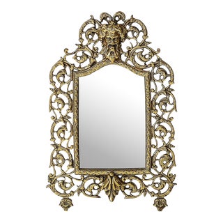 Neoclassical Ornate Brass Framed Mirror W/ Bacchus Motif For Sale