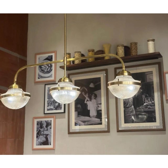 Vintage 1940s Art Deco Ship 3 Light Ceiling Chandelier Fixture in Brass & Glass For Sale - Image 4 of 4