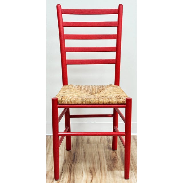 Farmhouse Vintage Red Ladderback Rush Seat Dining Chairs, S/5 For Sale - Image 3 of 11
