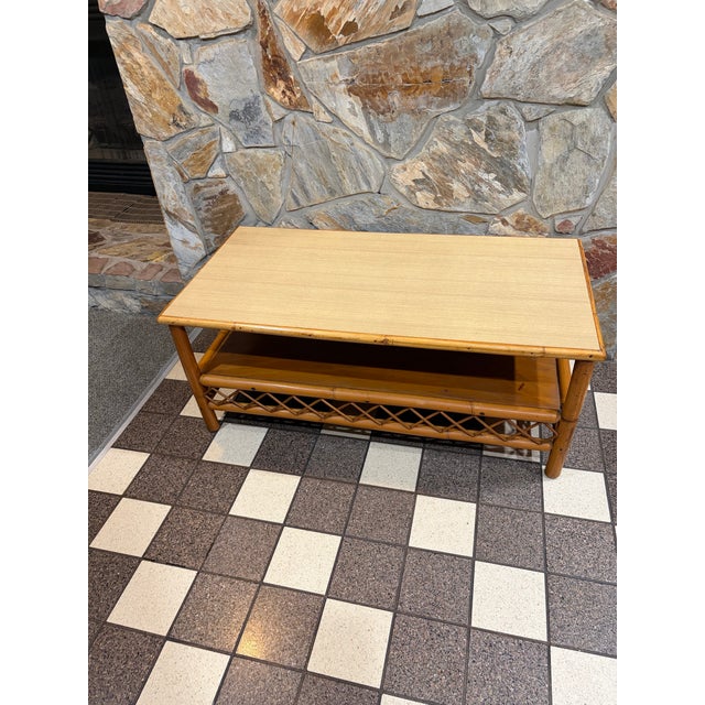 Mid-Century Modern Vintage Bamboo Coffee Table With Formica Top and Wood Shelf For Sale - Image 3 of 7