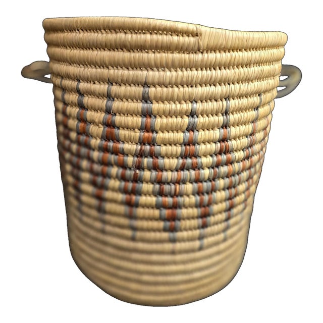 Late 20th Century Large Hand Woven African Coil Basket With Earth Tone Geometric Pattern For Sale