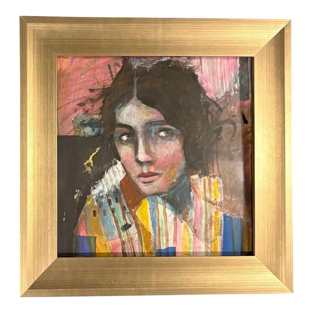 2025 Boho Chic Portrait Painting With Mixed Media, Framed For Sale
