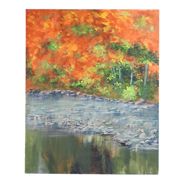 Contemporary Autumn Lakeside Reflecting Pool Landscape Painting For Sale