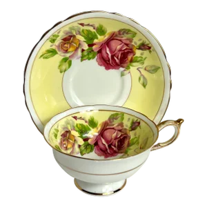 1960s Paragon Yellow With Gold Gilt, Large Pink Rose, Double Warrant, Hm the Queen Teacup and Saucers- 2 Pieces