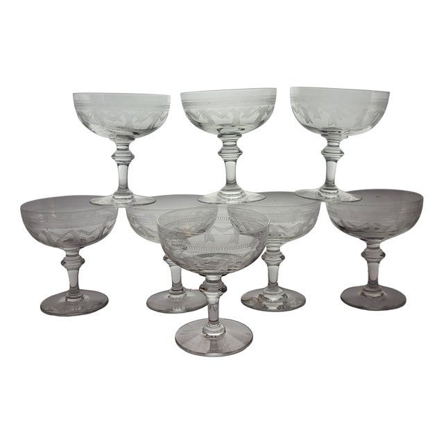 Engraved Crystal Champagne Coupes, 19th Century, 1890s, Set of 8 For Sale