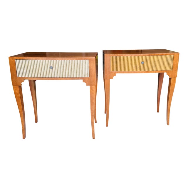 Vintage Baker Furniture French Regency Side Tables, Pair | Mid-Century Cherry Demilune Nightstands With Gilt Reeded Drawers For Sale