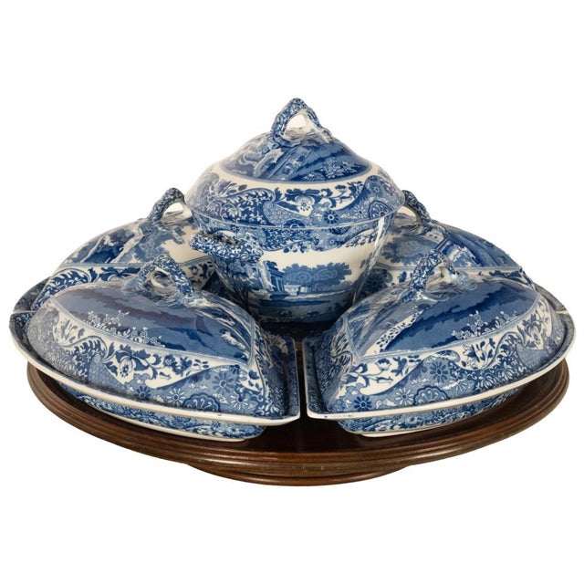 Victorian Antique Copeland Spode Blue & White Porcelain "Italian" Pattern Lazy Susan 1890 For Sale - Image 3 of 17