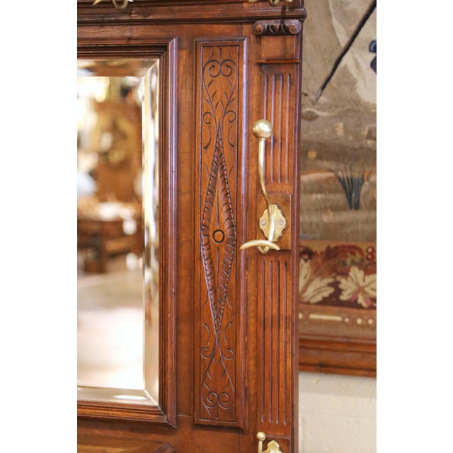 19th C. French Henri II Carved Walnut Hall Tree With Beveled Mirror and 8 Hooks For Sale - Image 4 of 14