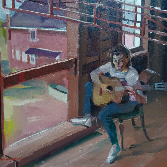 This signed, original David Beynon Pena oil painting of a girl playing guitar in the barn at Pachelbel Farm in Old...