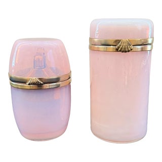 Mid-Century Italian Murano Opaline Cigarette-Trinket Box & Table Lighter W/Gilt Brass Hinged Lids & Clasps- 2 Pcs For Sale