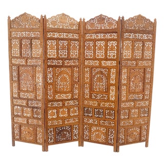 Fine Asian Carved Teak 4 Panels Screen Room Divider Mint! For Sale