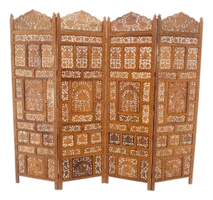 Fine Asian Carved Teak 4 Panels Screen Room Divider Mint!