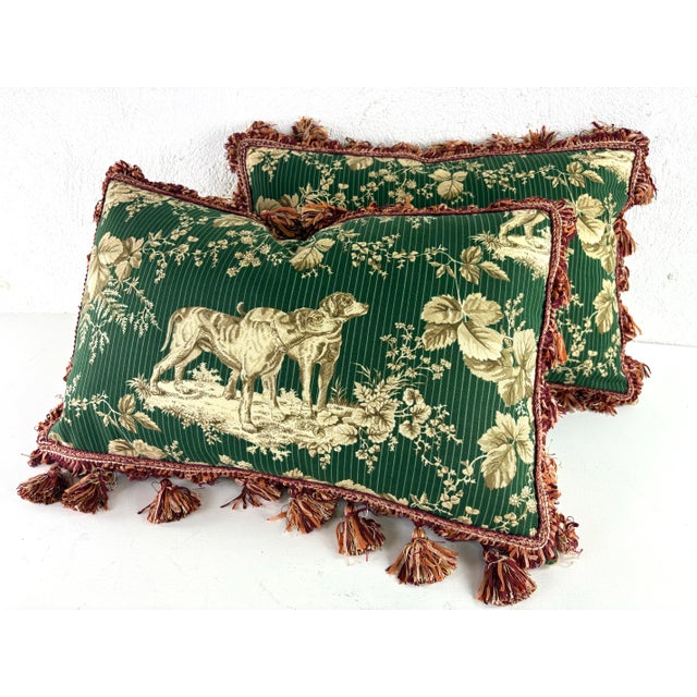 Kelly Green Handsome Schumacher Tasseled Hunting Dog Toile Pillows/Pair For Sale - Image 8 of 8