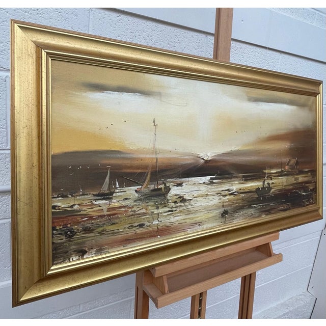 Golden Brown Ireland Seascape Landscape at Dusk by Contemporary Irish Artist, Frank Fitzsimons Art measures 36 x 16 inches...
