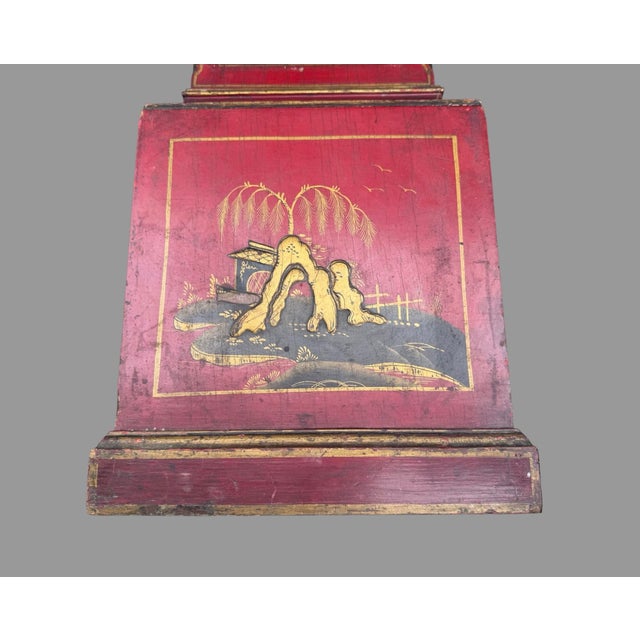 Antique 1920s English Chinoiserie Grandmother Clock Red Lacquer 50.5” Longcase For Sale - Image 4 of 12