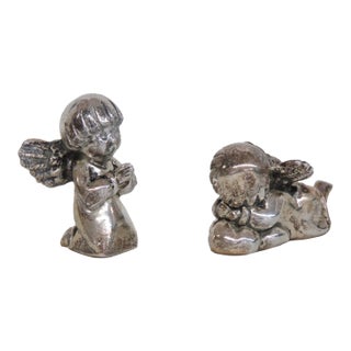 Silver Plated Cherub Pair Miniature Christmas Angels 2pc Holiday Figures 4812b For Sale