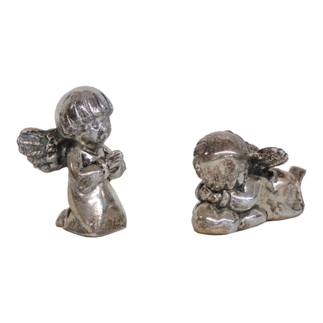 Silver Plated Cherub Pair Miniature Christmas Angels 2pc Holiday Figures 4812b For Sale