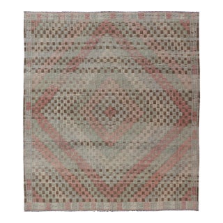 Vintage Turkish Embroidered Flat Weave With Soft Colors in Diamond Design 7'6" X 9'3" For Sale