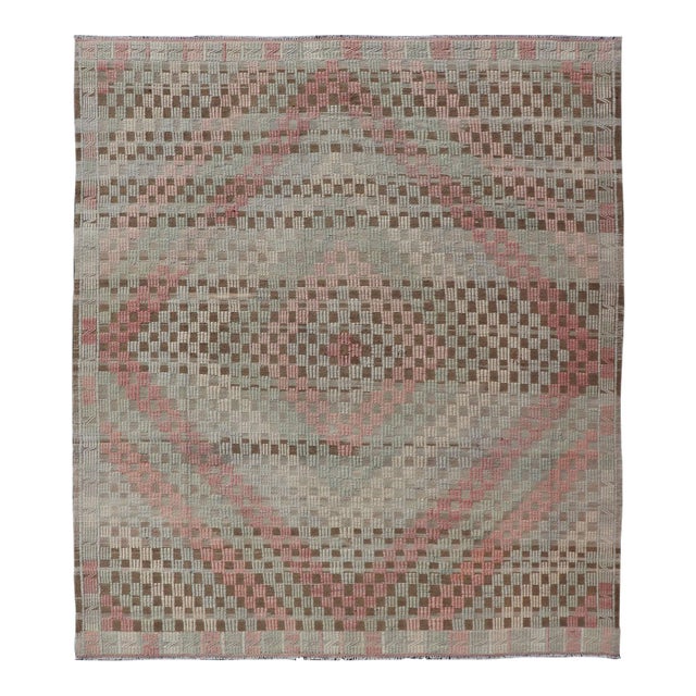 Vintage Turkish Embroidered Flat Weave With Soft Colors in Diamond Design 7'6" X 9'3" For Sale