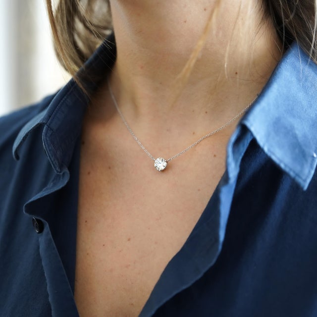 2.0 Carat Round Brilliant Cut Lab Grown Diamond CVD Solitaire Floating 3-Prong 18K White Gold Pendant Necklace. Details:...