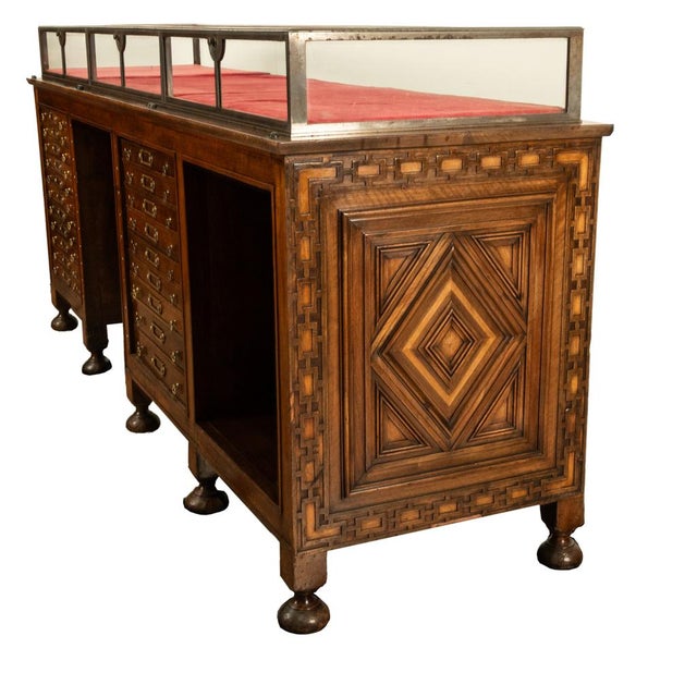 Antique Art Deco Jewelry Store Display Case Counter Walnut Bronze Glass 1920 For Sale - Image 16 of 18