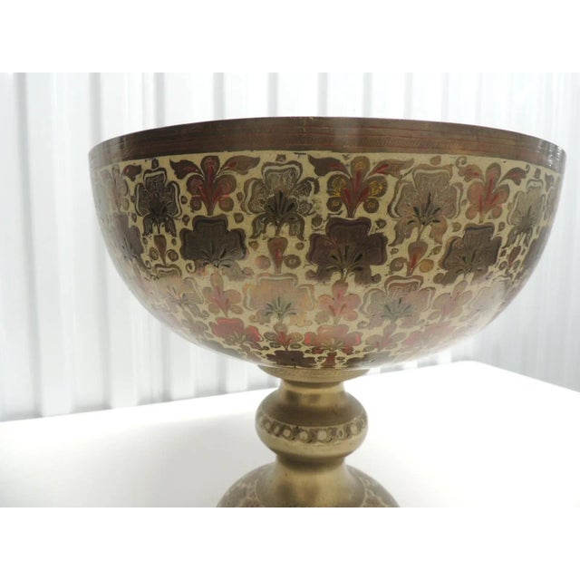 Vintage Persian Brass and Enamel Footed Center Piece For Sale - Image 4 of 7